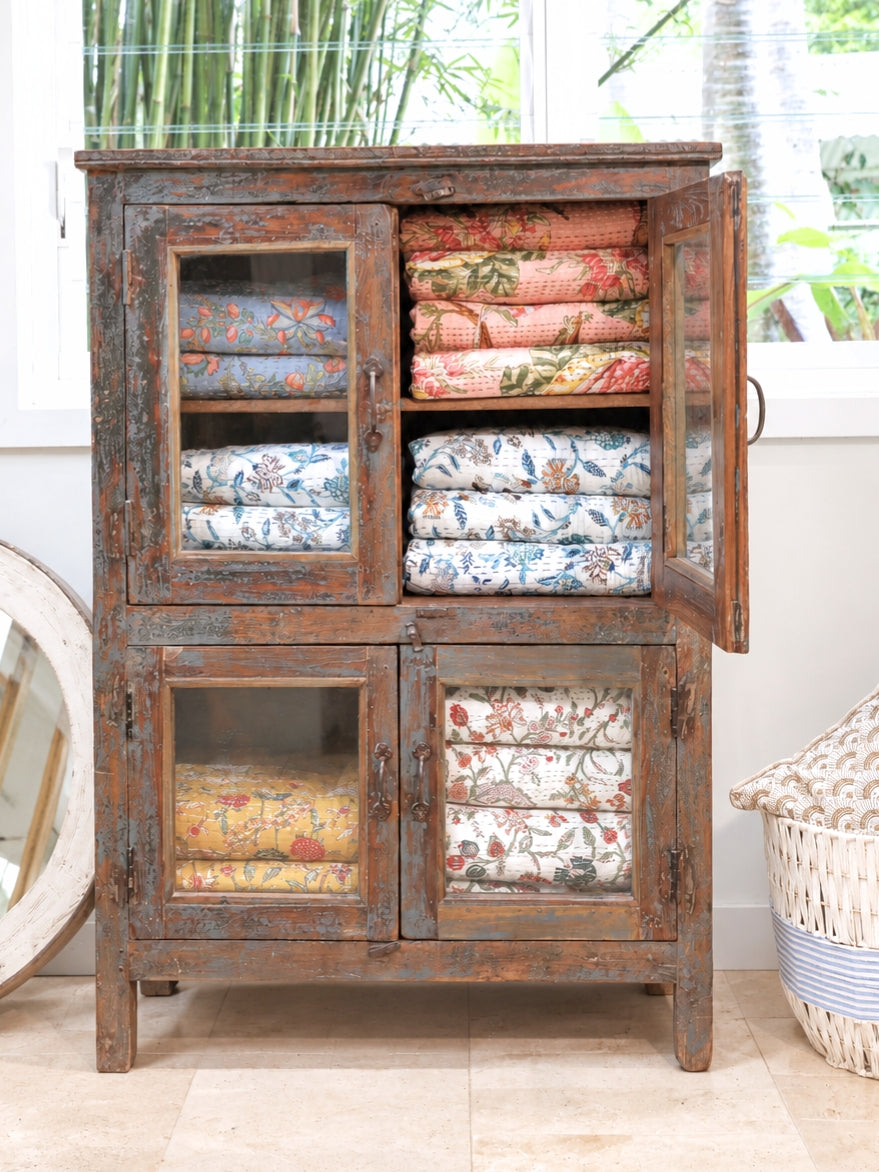 Distressed 4 Door Glass Cabinet Grey/Blue