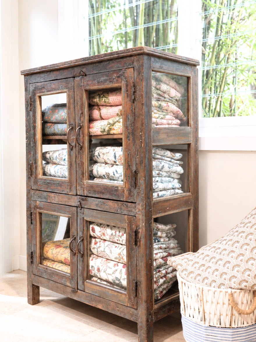 Distressed 4 Door Glass Cabinet Grey/Blue