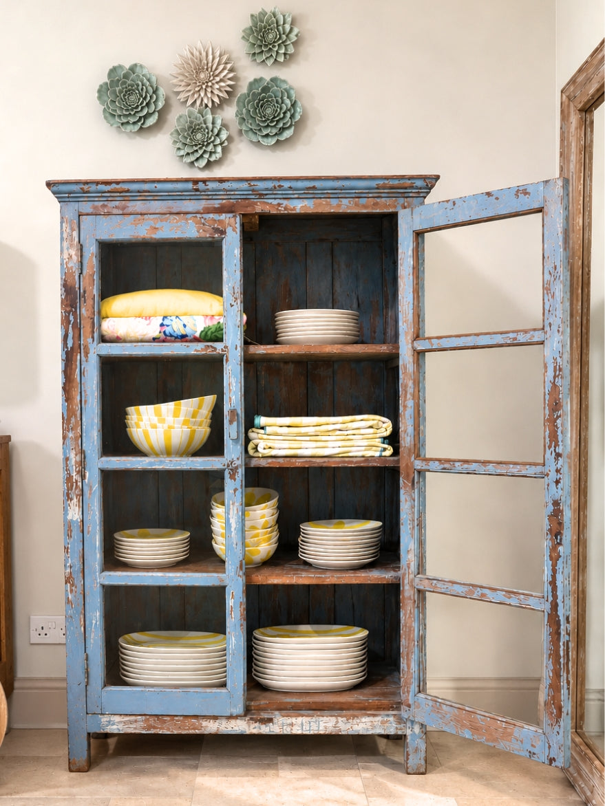 Distressed Glass Display Cabinet Blue/Grey