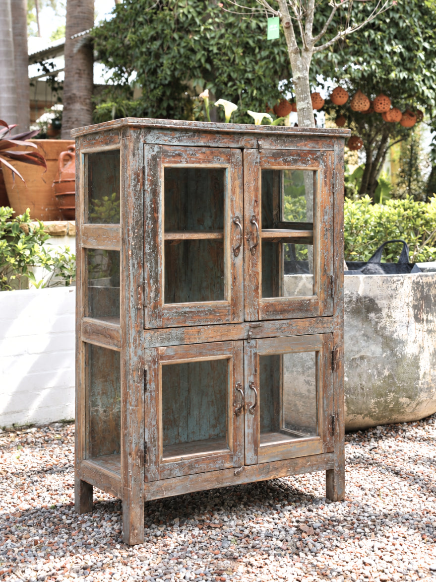 Distressed 4 Door Glass Cabinet Grey/Blue