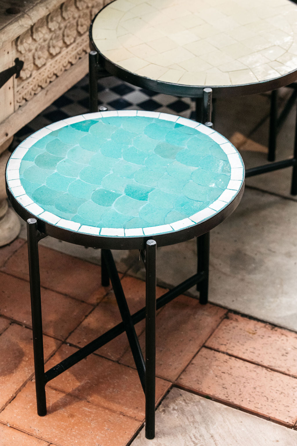 Moroccan Aqua and White Fish Scaled Tiled Table