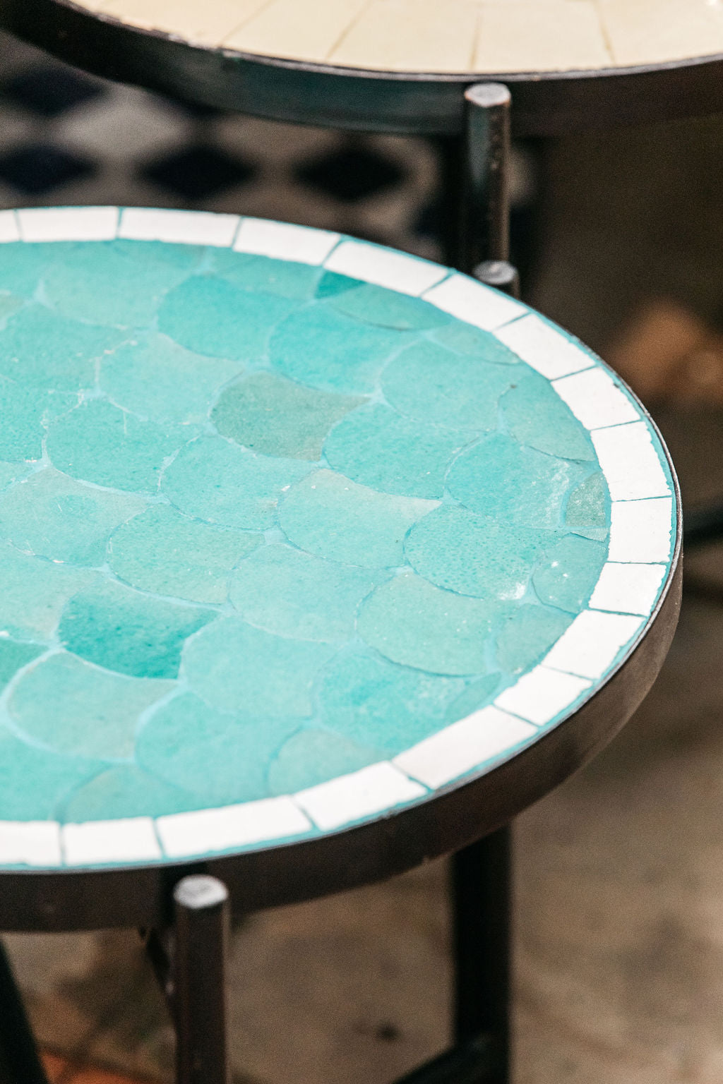Moroccan Aqua and White Fish Scaled Tiled Table